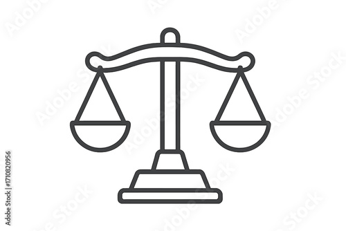 Justice scales icon in a simple line art style. Vector illustration symbol for law, court, and legal decisions. Concept of balance, equality, judgment, and measurement.