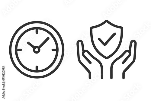 Time and security icon set. Linear vector illustration. Clock and hands holding shield with checkmark. Concept of guarantee, insurance, reliability, protection, quality service.
