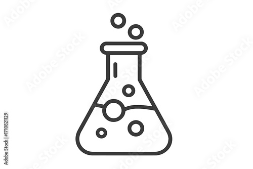 Science icon of a chemical flask with bubbling liquid. Vector illustration for chemistry, laboratory research, and experiments. Line art of a beaker with a chemical reaction.