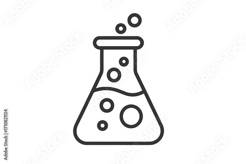 Chemistry flask line icon. Laboratory glass equipment for science experiment. Bubbling liquid, chemical reaction in beaker. Research, discovery, alchemy potion vector concept.
