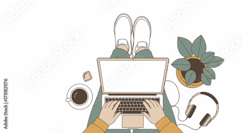 First-person perspective of a freelancer typing on a laptop with coffee, a plant, and headphones on a clean background