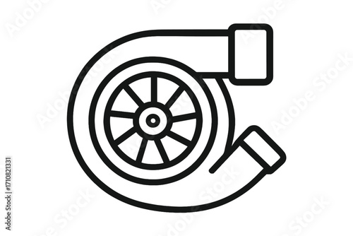 Turbocharger icon. Car engine part for performance boost. Turbo symbol for auto racing and tuning. Vector line art illustration of a motor component for speed and power.