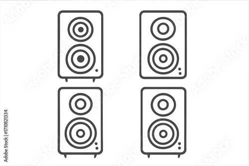Speaker icon set in a minimal linear outline style. Audio equipment vector graphic. Loudspeaker, stereo system, woofer, and tweeter symbols for music, sound, and volume concepts.