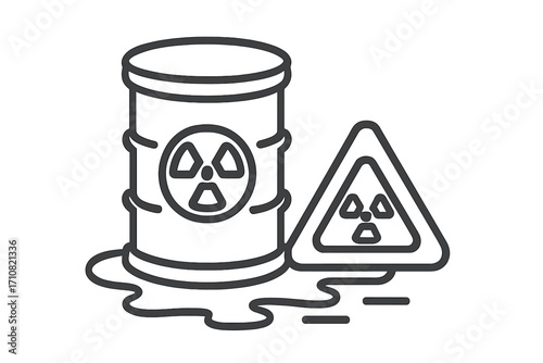 Radioactive waste barrel leak line icon. Nuclear energy hazard symbol. Toxic chemical spill from container. Danger radiation sign vector. Industrial pollution concept. Biohazard drum.