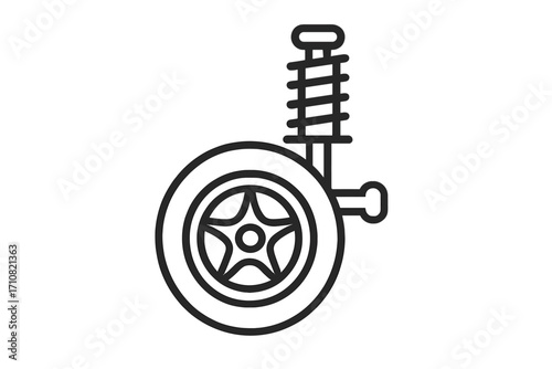 Car suspension icon with wheel and shock absorber. Auto chassis part symbol for vehicle repair service. Automotive transport maintenance concept. Vector linear illustration.