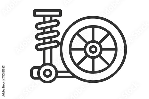 Car suspension icon with wheel. Shock absorber and spring symbol. Auto part for vehicle chassis. Mechanic repair service pictogram. Line art vector illustration for automotive.