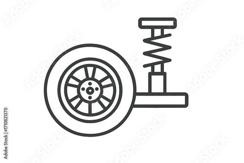 Car suspension icon with wheel and shock absorber. Automotive vehicle chassis part. Auto repair service symbol. Linear vector illustration for mechanics and transport.