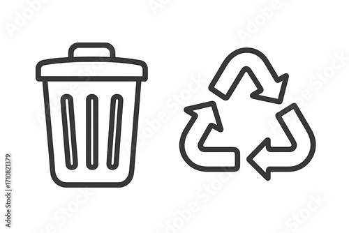 Recycle symbol and trash can icon set. Linear outline style vector illustration. Waste management, garbage disposal, ecology, and environmental sustainability concept icons.