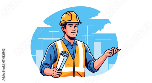Construction Worker Holding Blueprints and Gesturing with Hand
