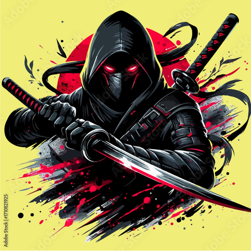 Vector illustration of a mysterious ninja warrior in a dynamic battle