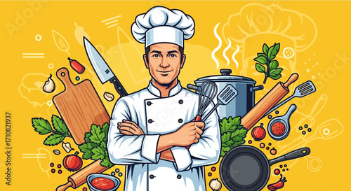 Confident Chef with Culinary Tools and Ingredients