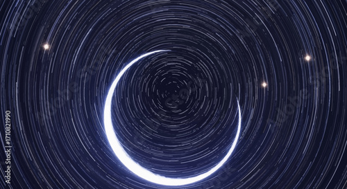 Crescent Moon and Star Trails in a Night Sky Vortex