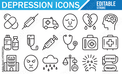 Healthcare depression icons set with therapy, ambulance, pills, brain, and emotional health graphics