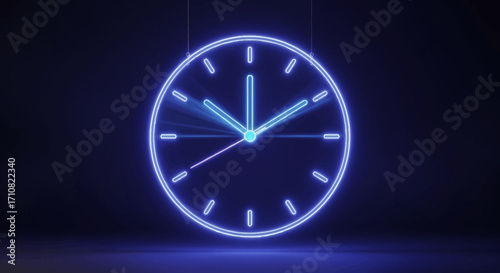 Glowing Blue Neon Clock Face with Time Hands