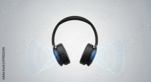 Modern Black Headphones with Blue Accents and Sound Waves