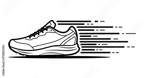 Running Shoe in Motion: Black and White Line Art Illustration of a Sneaker with Speed Lines