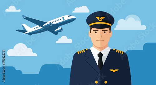 Smiling Pilot in Uniform with Cap and Gold Embellishments