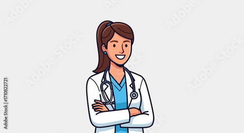 Smiling Female Doctor Cartoon Illustration, Brown Hair, White Coat, Stethoscope