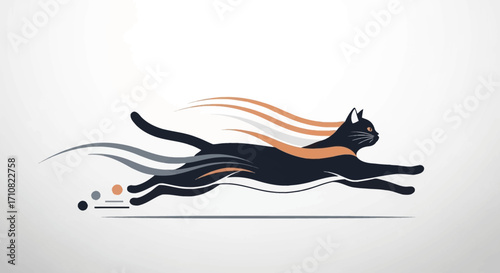 Stylized black cat leaping with dynamic orange and grey speed lines