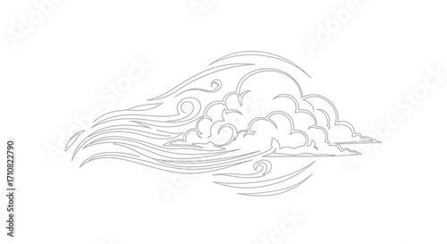 Stylized Japanese Cloud and Wind Line Art Illustration