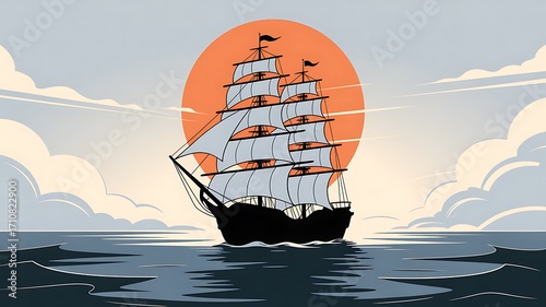 Majestic Sailing Ship on the High Seas Artwork with Retro Sunset Backdrop and Cloudy Sky Creating a Sense of Adventure and Nostalgia