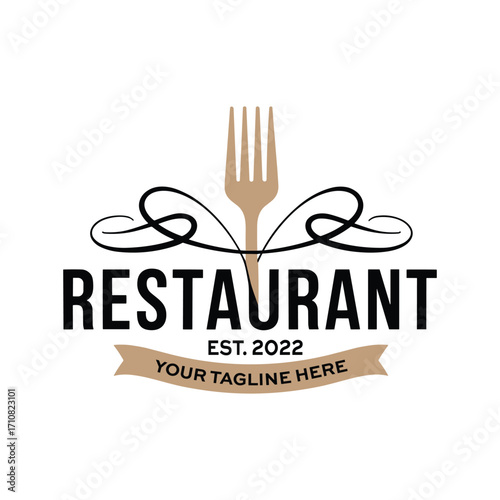 Restaurant logo with fork and decorative elements est 2022 your tagline here in brown and black cutlery
