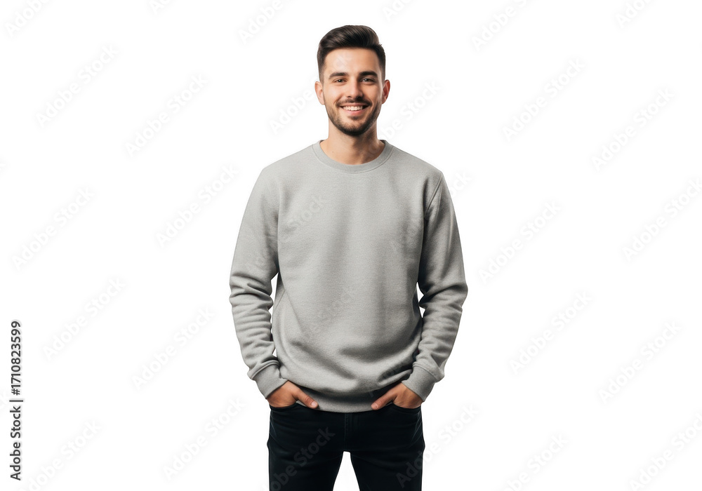 Fototapeta premium Smiling man in gray sweatshirt isolated on transparent background