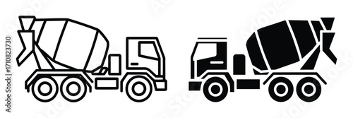 Two concrete mixer trucks one outlined one solid black on white background cement truck construction vehicle