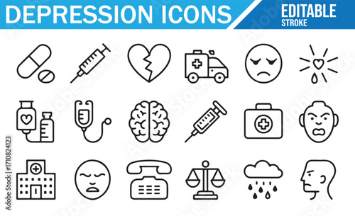 Minimal vector design of depression icons including hospital, counseling, pills, brain, and support tools