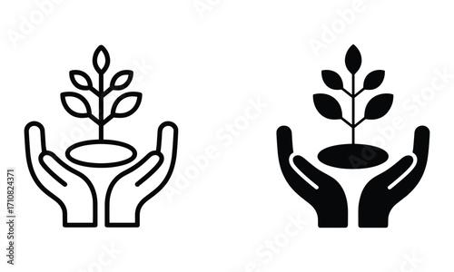 Two graphic icons one outline one solid black showing hands holding a small plant sprout seedling