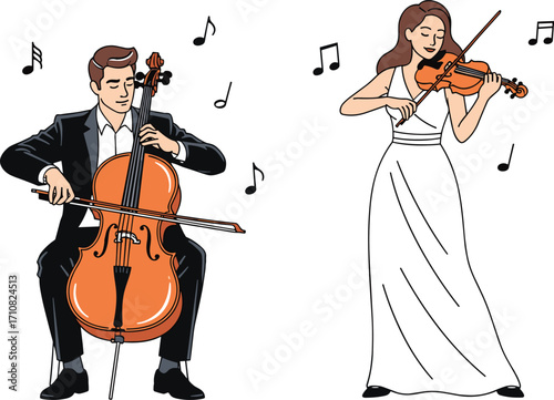 Classical musicians performing with cello and violin, elegant concert attire, musical notes, live string performance, formal music event, artistic expression