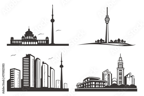 set of silhouettes of mosque