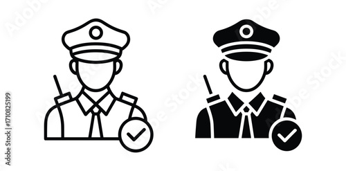 Two security guard icons one outline one solid black with check mark police officer icon law enforcement icon