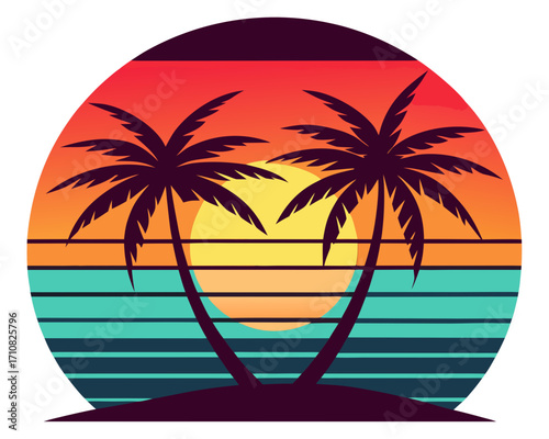 Retro Tropical sunset with palm trees vector on white background