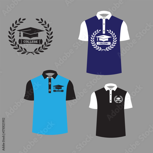 Variety of academic themed polo shirt designs featuring graduation cap and laurel wreath emblems for educational fashion