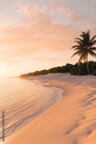 Warm, serene golden hour on a tropical beach with a lone palm tree, soft waves, and pristine sand dunes