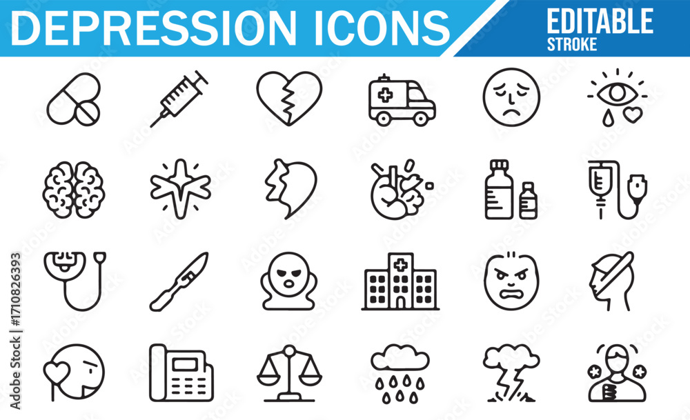 Fototapeta premium Outline icon collection of depression and anxiety featuring sad face, brain, hospital, and medicine