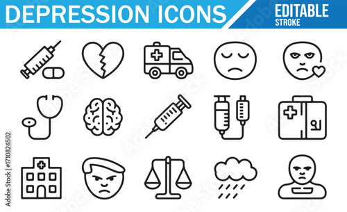Vector illustration pack of mental health depression icons with treatment, counseling, and recovery tools