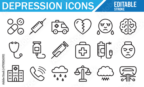 Editable line style depression icons set including brain, sad face, hospital, pills, and therapy symbols