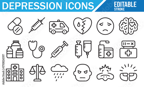 Editable line style depression icons collection, medical treatment, pills, syringe, ambulance, sad face, brain, therapy, hospital, mental health, and stress symbols for healthcare, psychology, and awa