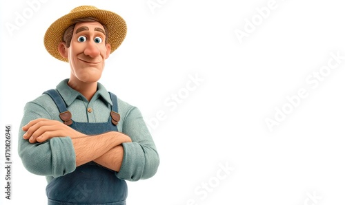 Cheerful Farmer Character with Straw Hat and Friendly Smile