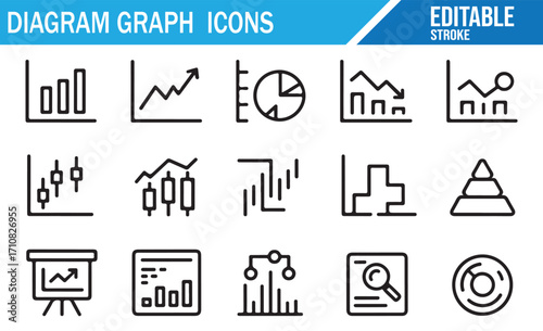 Editable stroke business graph icons featuring pie charts, line charts, bar graphs, and pyramid diagrams