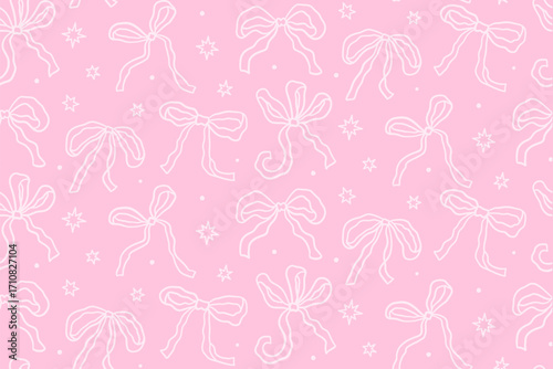 Cute Xmas linear whimsical ribbon bows seamless pattern. Coquette Christmas repeated background. Pink contour vector hand drawn illustration.