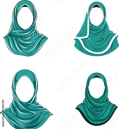 Four teal hijab designs showcasing different styles on transparent background