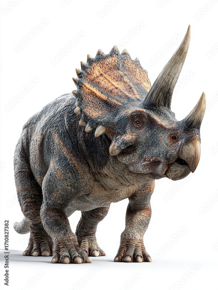 Fototapeta premium Realistic Illustration of a Dinosaur with Three Horns and Spiked Head