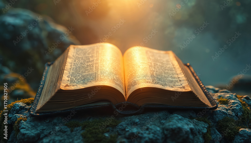 Obraz premium Open ancient book rests on mossy rocks. Sunlight illuminates pages with golden light. Spiritual text, old wisdom, nature background. Knowledge discovery, sacred lore.