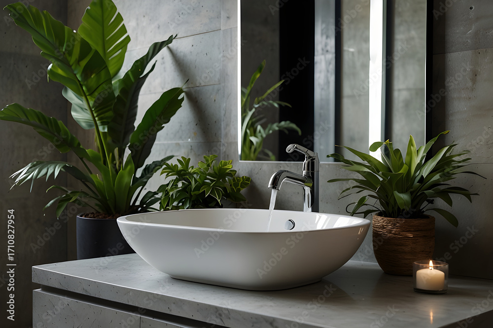 Fototapeta premium Elegant bathroom sink with plants and candle creating a relaxing atmosphere