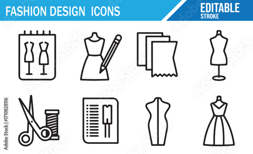Outline fashion design icons pack of tailoring tools, sketch boards, mannequins, and sewing patterns