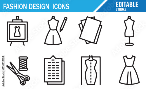 Editable line style fashion design icons collection, mannequin, dress, sewing thread, scissors, fabric patterns, sketch board, and tailoring symbols for clothing design, garment making, and textile in