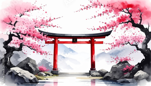 Torii Gate and Blossoms with Mountain. Sakura Trees and Torii Gate in Nature. Serene Torii Gate with Cherry Blossoms. Red Torii Gate with Blossoms, Mountains. Japanese Torii Gate in Blossom Landscape